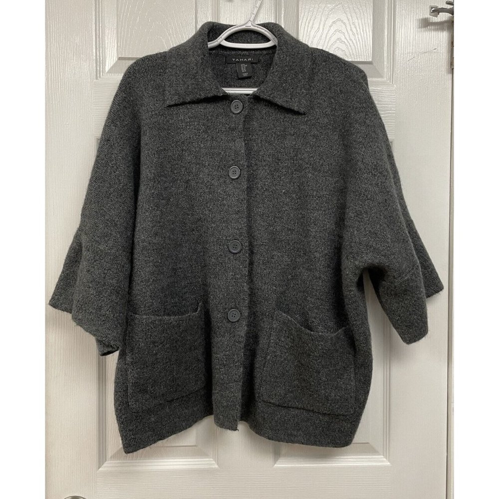 Tahari Womens Gray Wool Blend Button Sweater Cardigan Pockets M